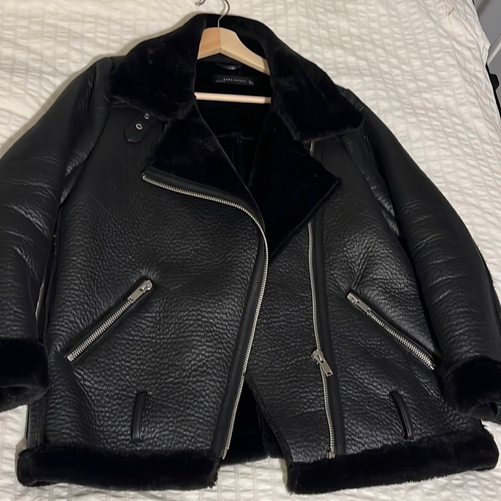 ZARA Faux Shearling Jacket Aviator Jacket Black Coat